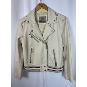 Levis Cream Faux Leather Moto Jacket Striped Varsity Hem Biker Medium